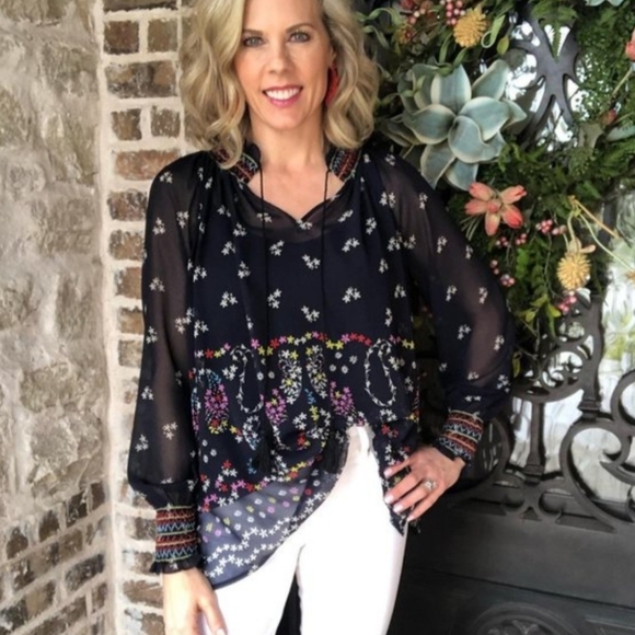 Cabi | Floral Tassel Paisley Sheer Blouse Top Navy Blue 5784, Womens Large - Picture 2 of 7